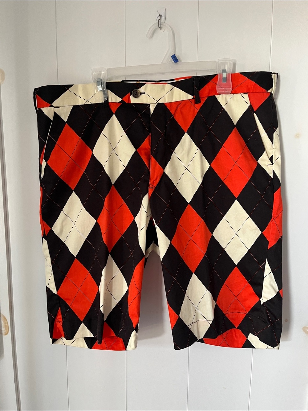 Loudmouth Men's Argyle Golf Shorts in Black, Orange Red & Cream